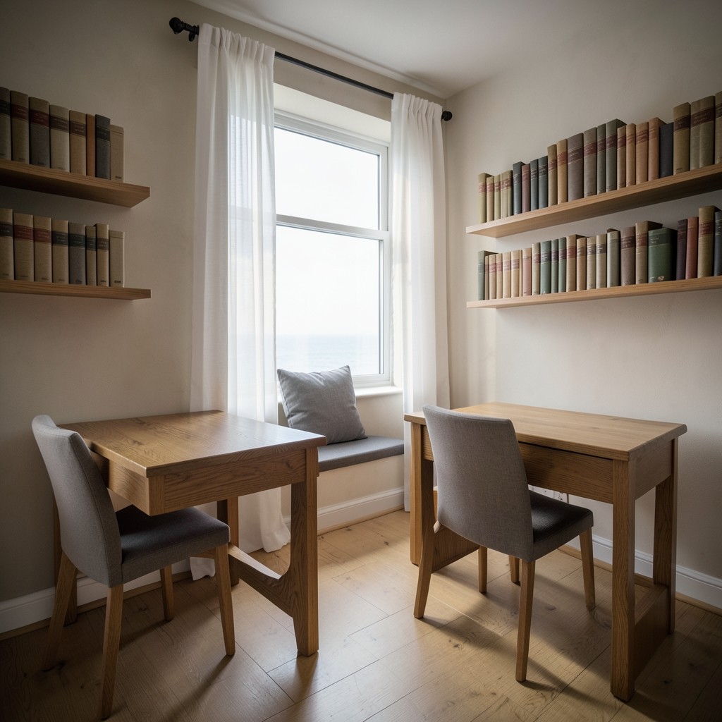 The corner of a reading room with two desks, a window seat, and shelves of unmarked books