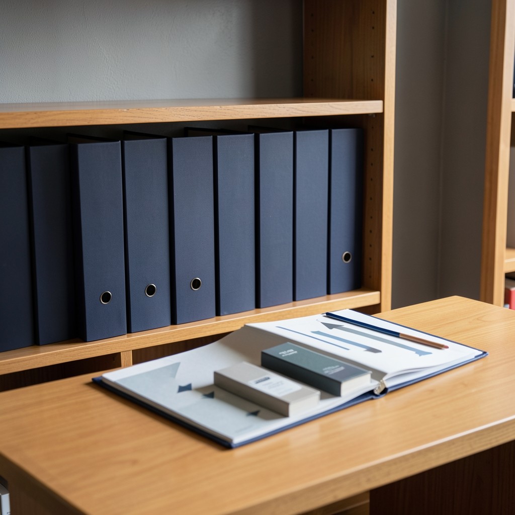 A library shelf of plain binders beside a desk where one binder lies open to handwritten diagrams