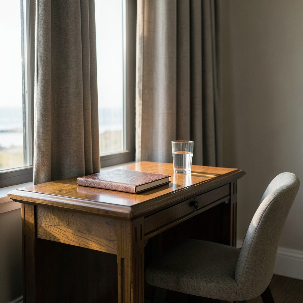 A quiet reading desk by a window with a notebook, a glass of water, and afternoon light across the wood