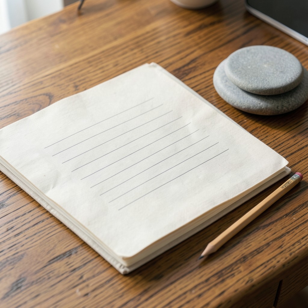 An open linen-bound booklet on a desk showing blank ruled rows, a pencil, and a paperweight