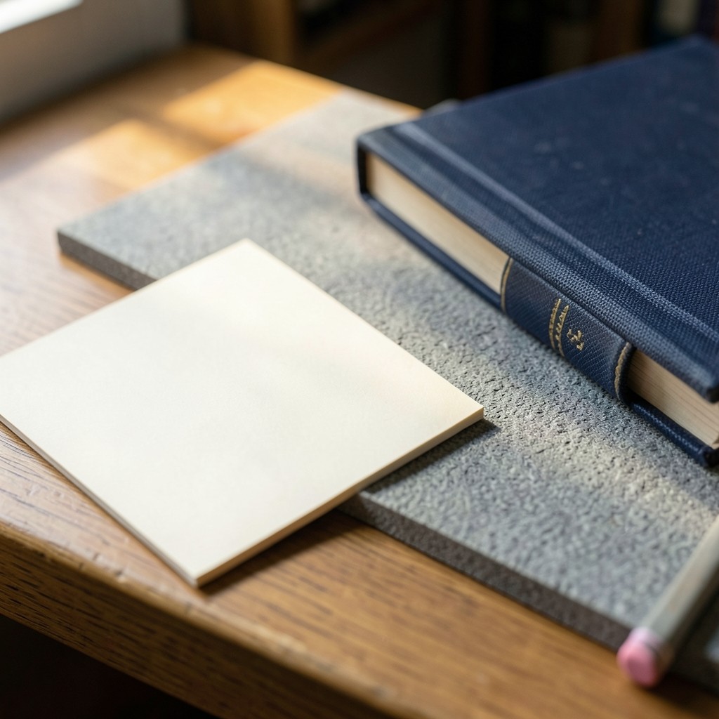 A small index card and a pencil on a grey blotter next to a closed clothbound book in warm daylight