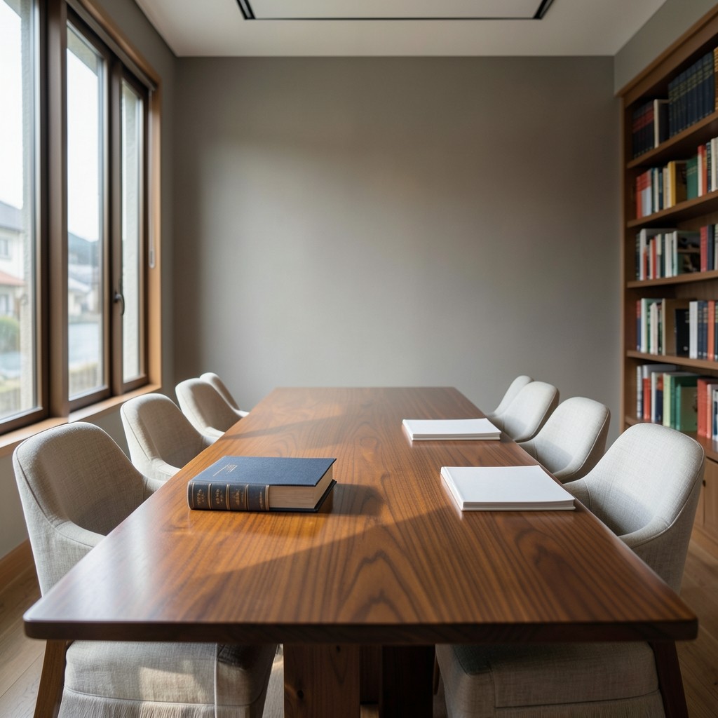 A calm reading room with long wooden tables, neutral walls, and daylight through tall windows