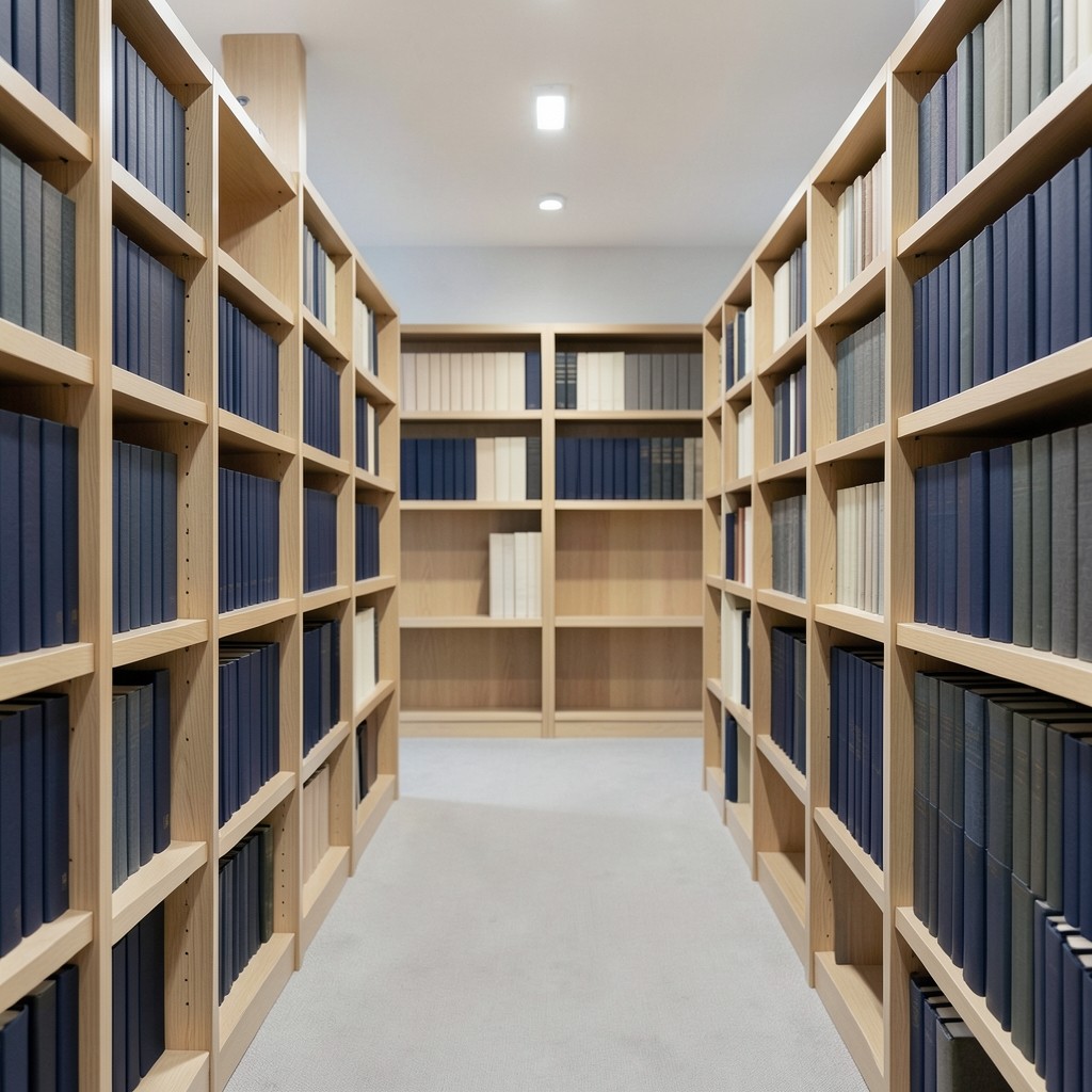 Rows of plain clothbound volumes on pale oak shelves in a quiet library aisle