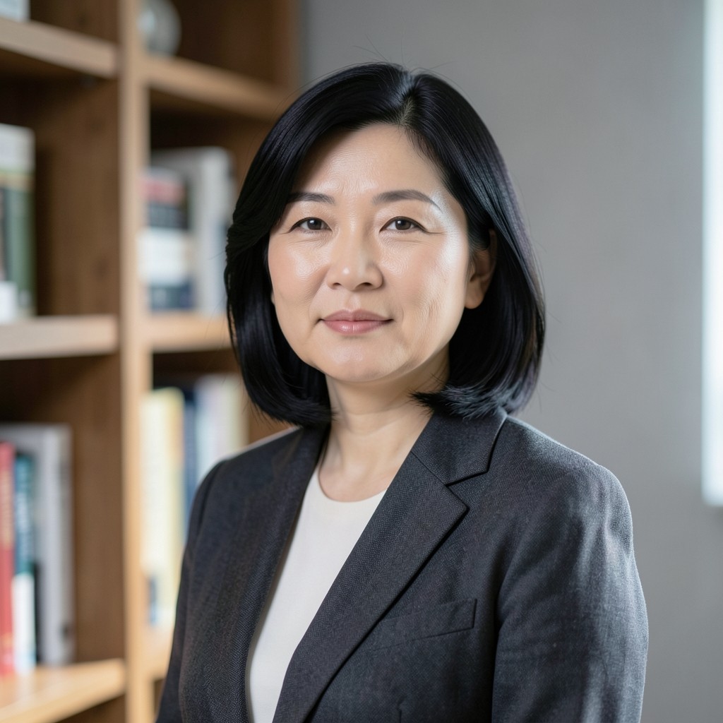 Portrait of a Korean woman in her early forties wearing a charcoal jacket, standing in a library