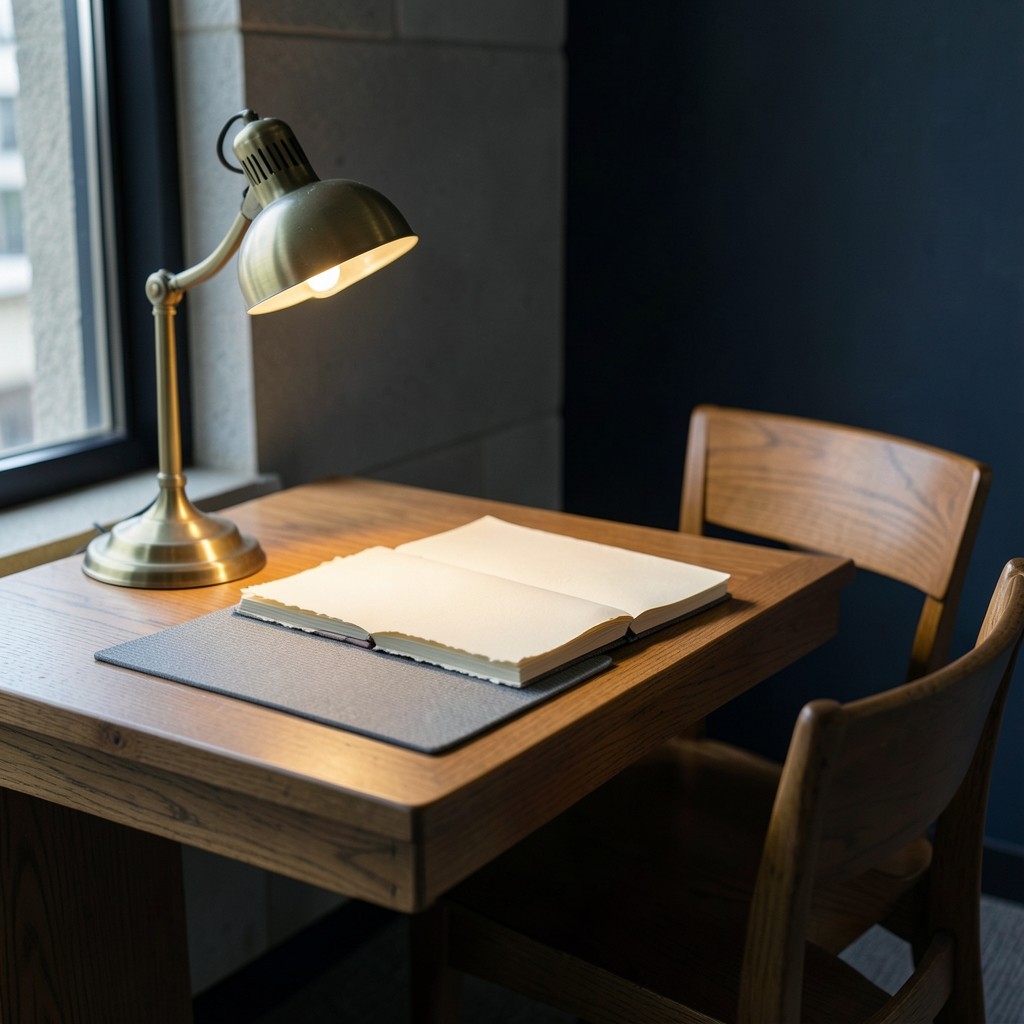 A single library desk with a brass lamp, an open notebook, and a stack of unmarked reference pages