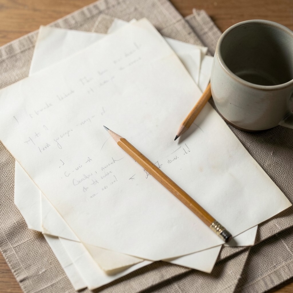 Close view of annotated study notes spread on a linen desk blotter with a pencil and a ceramic cup
