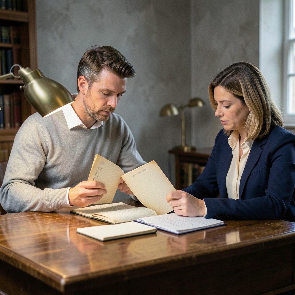 Two adults at a wooden library desk reviewing a handwritten study sequence beside open notebooks