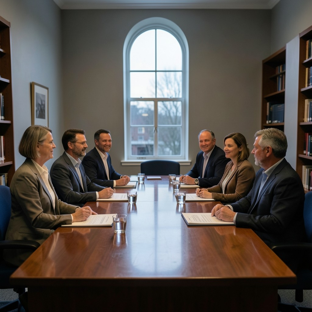 Six adults seated around a long library table with printed pages and notebooks, evening light from tall windows